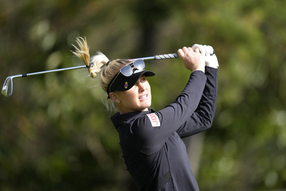 Charley Hull of England watches her shot on the third hole during the final round of the BMW Ladies Championship at LPGA International Busan in Busan, South Korea, Sunday, Oct. 24, 2021. (AP Photo/Lee Jin-man)