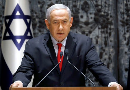 Israel's President Reuven Rivlin (not pictured) and Israeli Prime Minister Benjamin Netanyahu attend a news conference after Prime Minister Benjamin Netanyahu was entrusted with forming the next government, at the President's residence in Jerusalem April 17, 2019. REUTERS/Ronen Zvulun