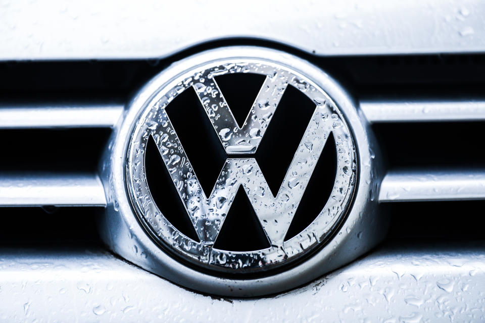 Volkswagen car emblem is covered with raindrops. Photo: Beata Zawrzel/NurPhoto via Getty