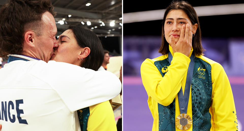 Aussie BMX gold medallist Saya Sakakibara embraced her boyfriend Romain Mahieu, who claimed bronze in the men's race. Pic: Getty