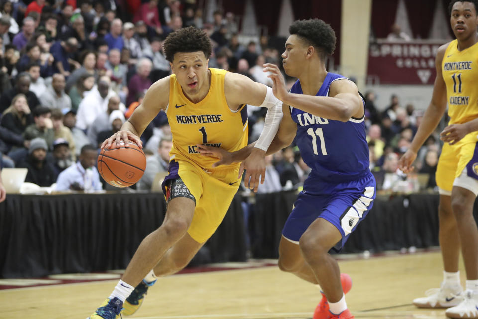 Montverde Academy's Cade Cunningham #1 in action against IMG Academy during a high school basketball game at the Hoophall Classic, Sunday, January 19, 2020, in Springfield, MA. Montverde won the game. (AP Photo/Gregory Payan)