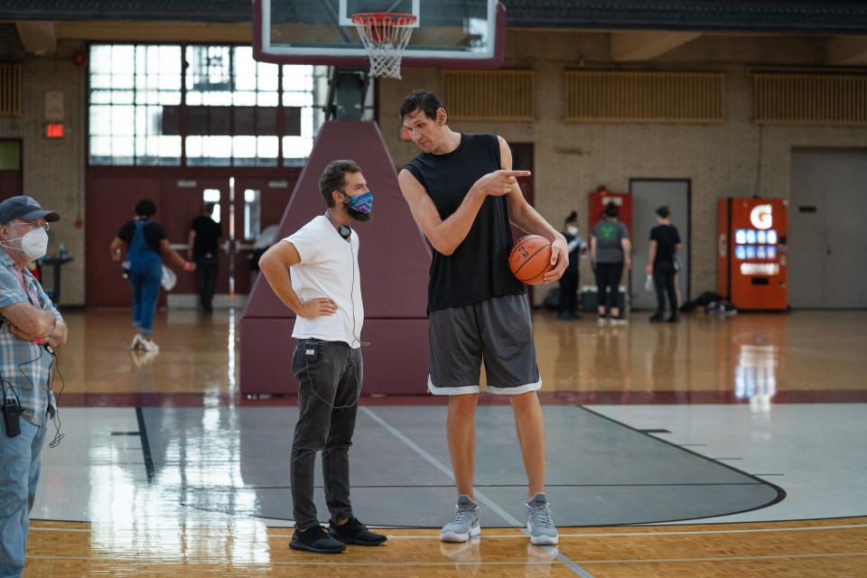 Director Jeremiah Zagar and Boban Marjanovic as Big Serbian Center in “Hustle.” - Credit: Scott Yamano/Netflix