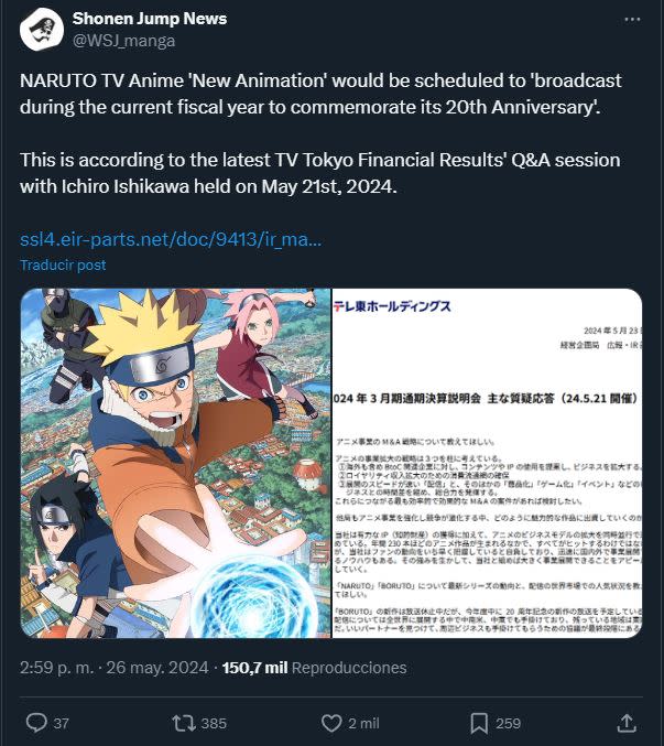 Ichiro Ishikawa de TV Tokyo reveló la ventana de estreno de los nuevos episodios de Naruto