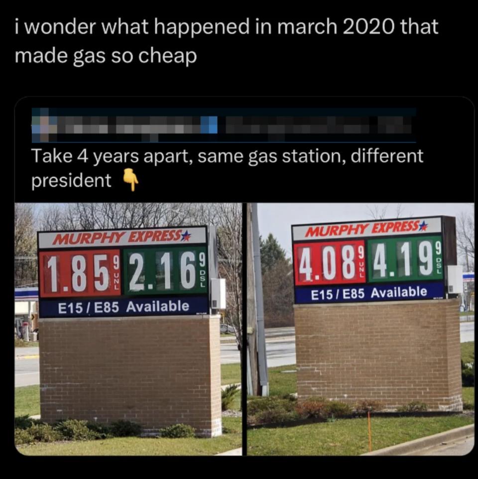 A tweet contrasting gas prices with photos of a gas station sign showing lower prices in 2020 compared to higher prices in 2022