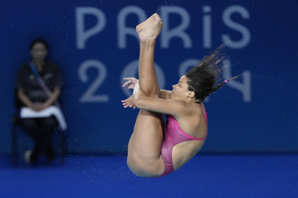 Mexico's Aranza Vazquez Montano competes in the women's 3m springboard diving semifinal, at the 2024 Summer Olympics, Thursday, Aug. 8, 2024, in Saint-Denis, France. (AP Photo/Lee Jin-man)