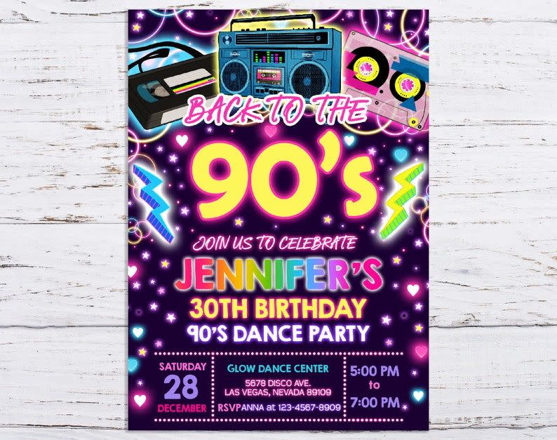 <p>etsy.com</p><p><strong>$4.80</strong></p><p>Whether you remember the '90s well or were born way after the '90s and just love everything about the decade, this party guarantees a good time. Watch TV shows from the era, have a '90s dance party, and send blinged-out invitations.</p>