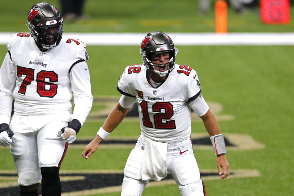 Tampa Bay Buccaneers quarterback Tom Brady celebrates his touchdown.