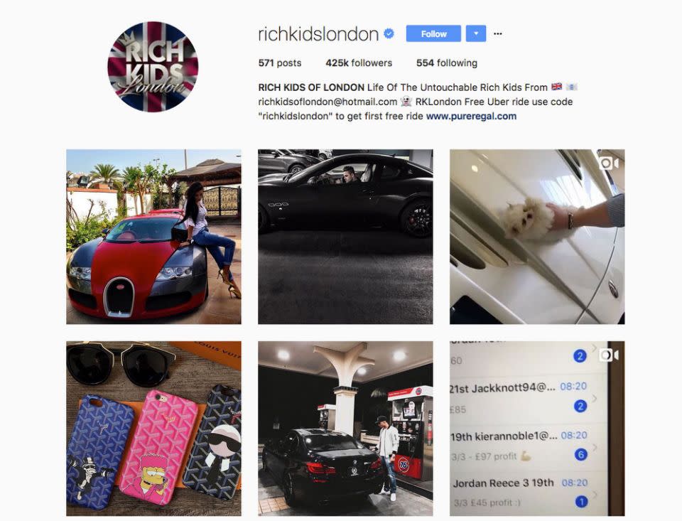 The social lmedia account Rich Kids of London. Source: Instagram