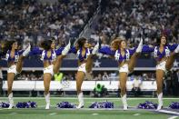 <p>The Dallas Cowboys cheerleaders perform on the field prior to the NFC Divisional Playoff game against the Green Bay Packers at AT&T Stadium on January 15, 2017 in Arlington, Texas. (Photo by Ronald Martinez/Getty Images) </p>