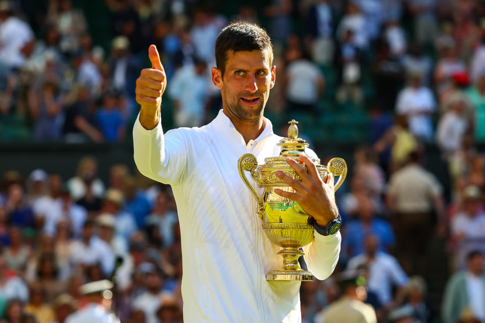 Novak Djokovic, pictured here celebrating after his win over Nick Kyrgios in the Wimbledon final.