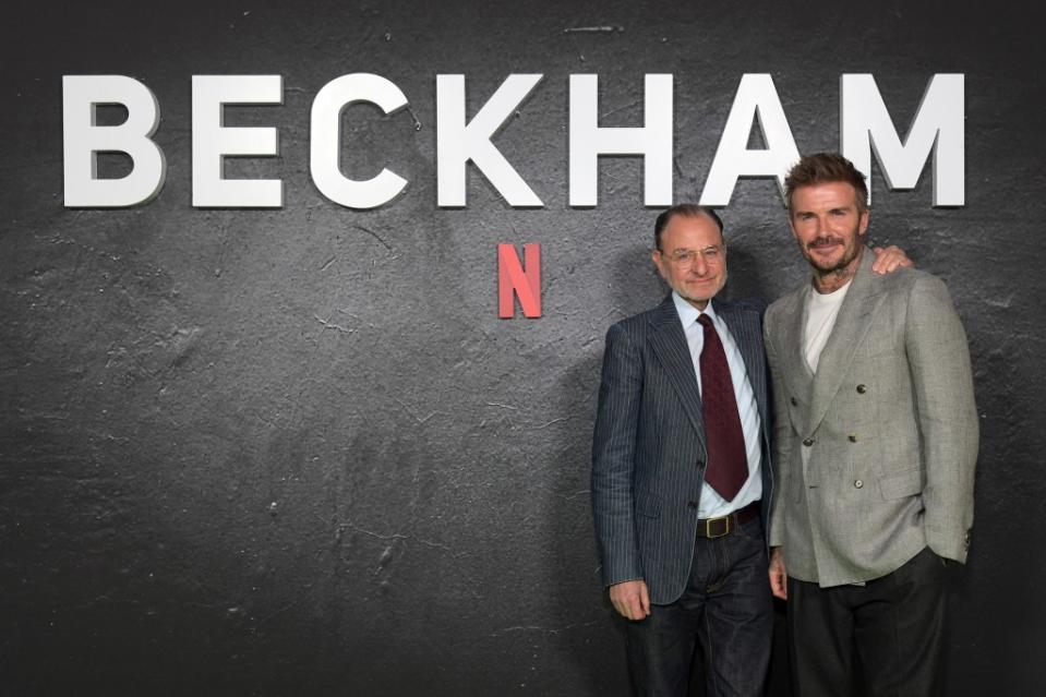 Director Fisher Stevens (left), who won an Oscar for his documentary “The Cove,” with David Beckham. Getty Images for Netflix