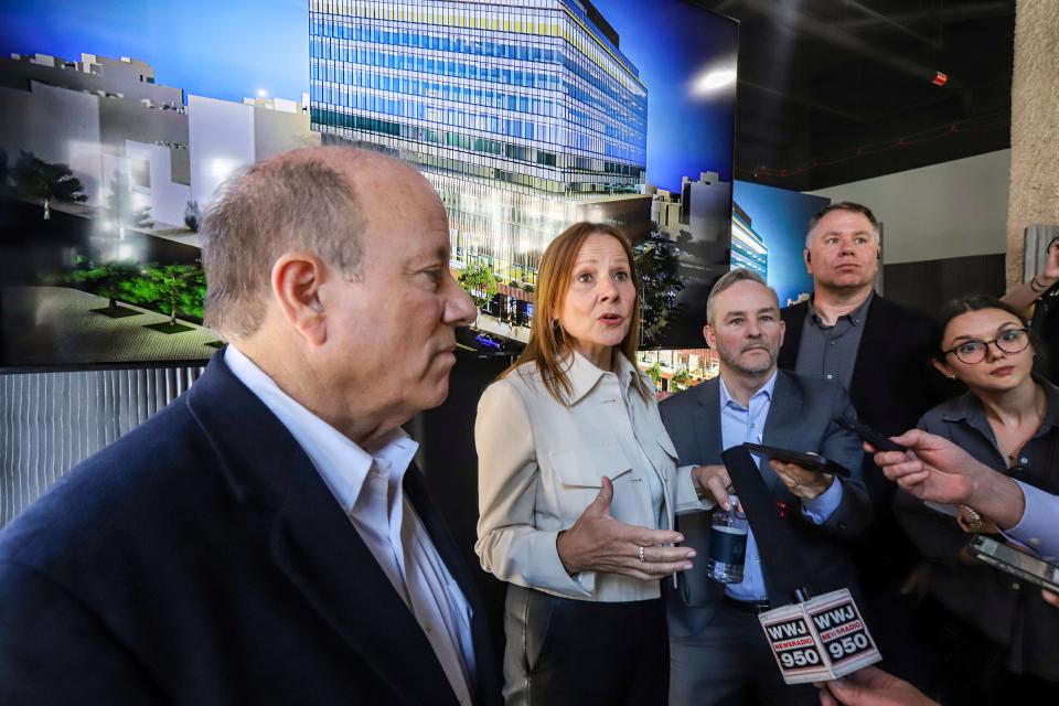 GM Chair and CEO Mary Barra and Detroit Mayor Mike Duggan talk to the news media about the announcement that General Motors is moving its global headquarters to Bedrock’s Hudson site, during a news conference held at the Hudson site in downtown Detroit on Monday, April 15, 2024.