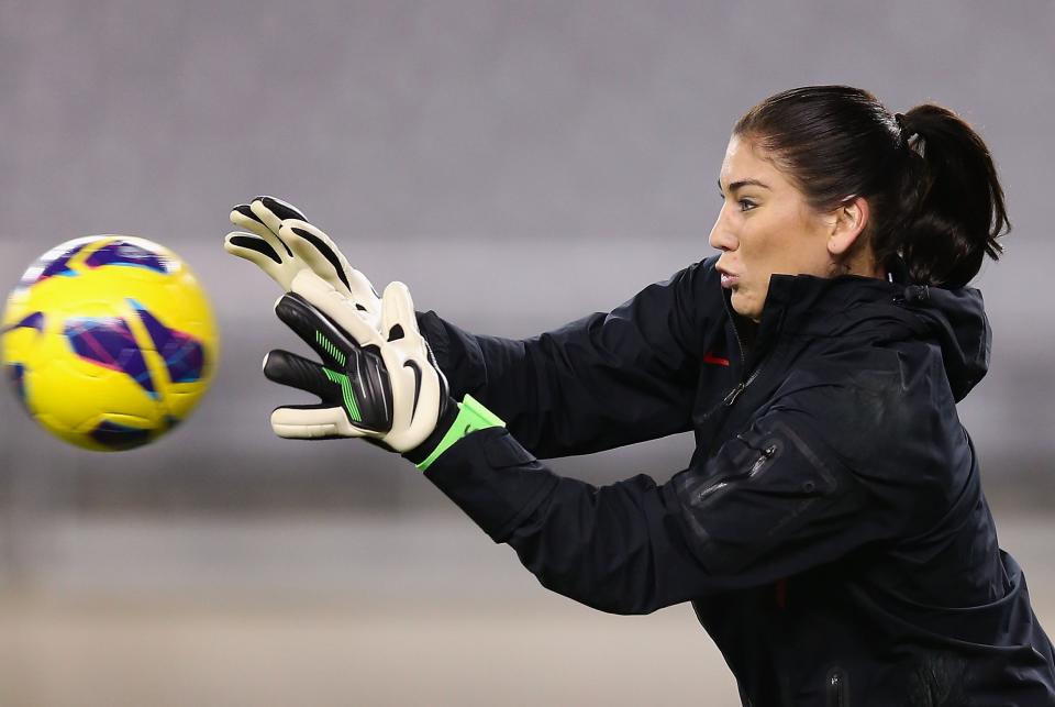 GLENDALE, AZ - DECEMBER 01: Goaltender Hope Solo #1 of USA warms up before the game against Ireland at University of Phoenix Stadium on December 1, 2012 in Glendale, Arizona. USA defeated Ireland 2-0. (Photo by Christian Petersen/Getty Images)