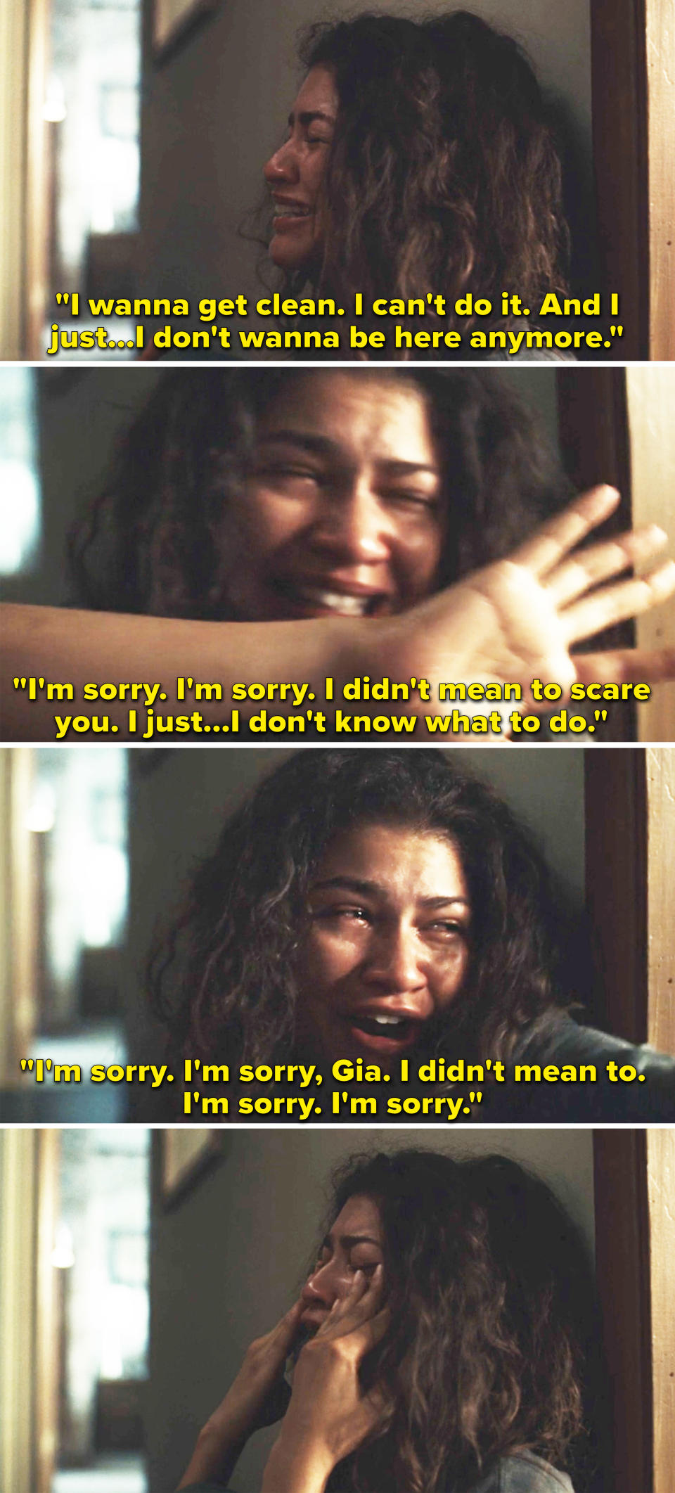 Rue crying and telling her sister that she's sorry and wants to get clean