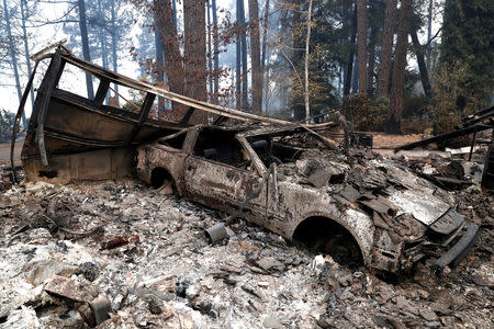 A car destroyed by the Camp Fire is seen in Paradise, California, U.S., November 13, 2018. REUTERS/Terray Sylvester/File Photo