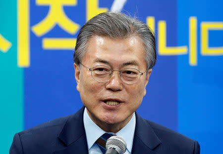 The Democratic Party's candidate for the presidential primary Moon Jae-in makes a speech at an event to declare their fair contest in the partyÕs presidential primary in Seoul, South Korea, March 14, 2017. REUTERS/Kim Kyung-Hoon