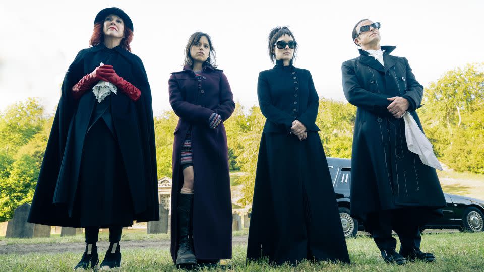 (From left) Catherine O’hara, Jenna Ortega, Winona Ryder and Justin Theroux in “Beetlejuice Beetlejuice.” - Parisa Taghizadeh/Warner Bros. Entertainment