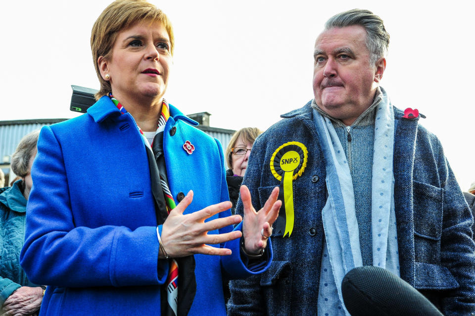 ALLOA, UNITED KINGDOM - 2019/11/06: SNP John Nicolson and Nicola Sturgeon are seen at a press conference during his election campaign ahead of the 2019 General Election. (Photo by Stewart Kirby/SOPA Images/LightRocket via Getty Images)