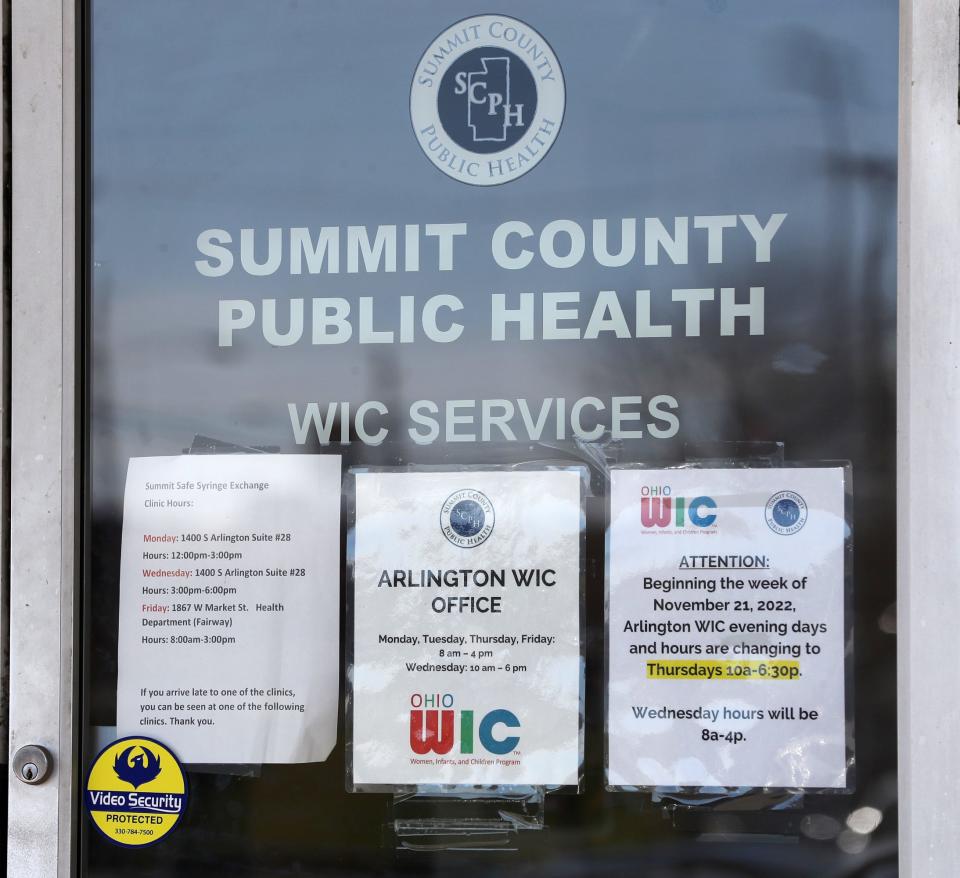 The hours of the Summit Safe Syringe Exchange and the WIC program are posted on the door of the Summit County Public Health office on Arlington Road.