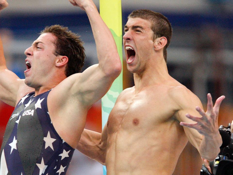 Michael Phelps celebrates the U.S. winning the 4x100m relay at the 2008 Olympics.