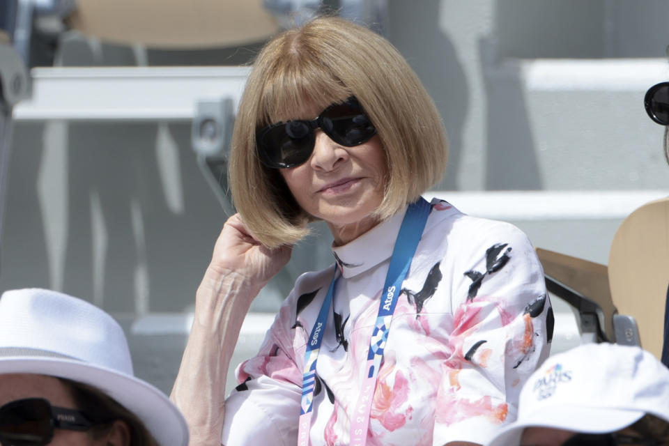 Anna Wintour attends the tennis competition during day two of the Paris 2024 Olympic Games at Roland Garros Stadium in Paris, France on July 28, 2024. (Photo by Jean Katouf/Getty Images)