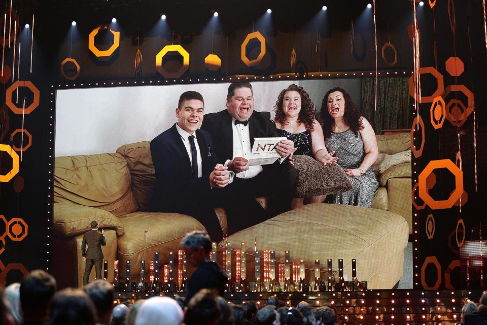 The Tapper Family from Gogglebox present the award for Multi Channel Award during the 2015 National Television Awards at the O2 Arena, London.