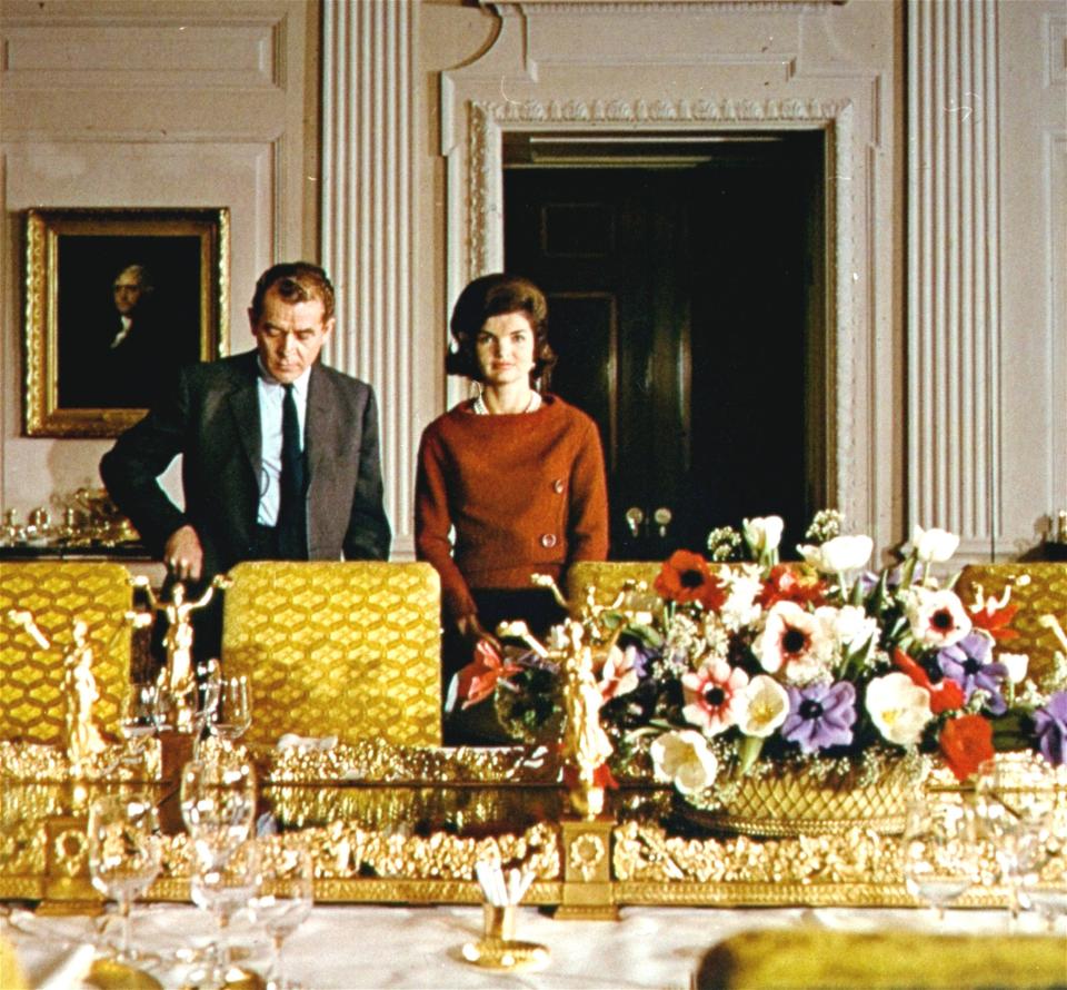 Jacqueline Kennedy is shown here with CBS reporter Charles Collingwood during her television tour of the White House in February 1962.