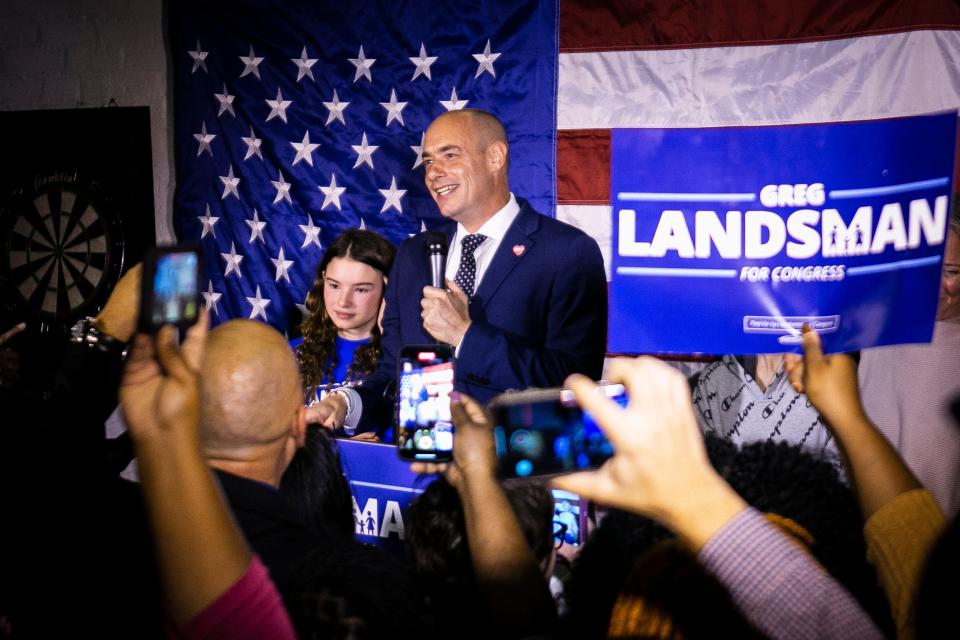 Greg Landsman speaks at his election night party after winning the 1st Congressional District seat against Steve Chabot on Nov. 8. He takes the oath of office on Jan. 3.