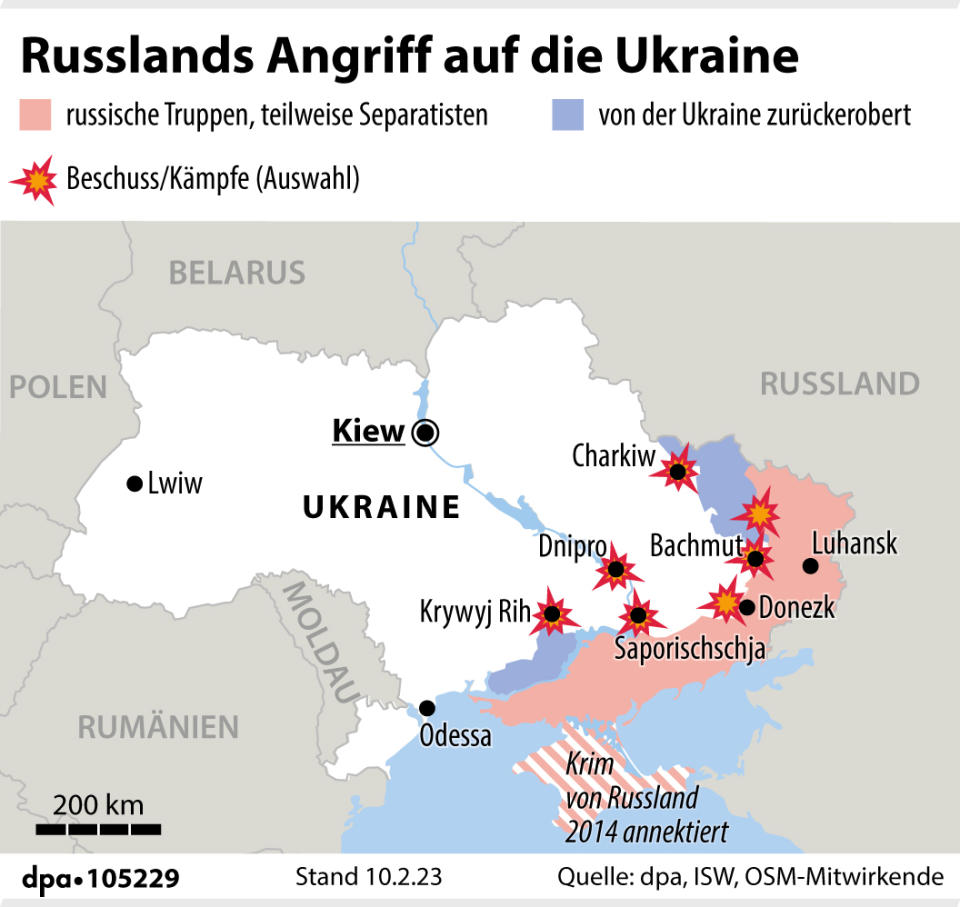 Grafik-Karte Nr. 105229, Querformat 90 x 85 mm; Russlands Angriff auf die Ukraine; Grafik: A. Brühl, Redaktion: J. Schneider