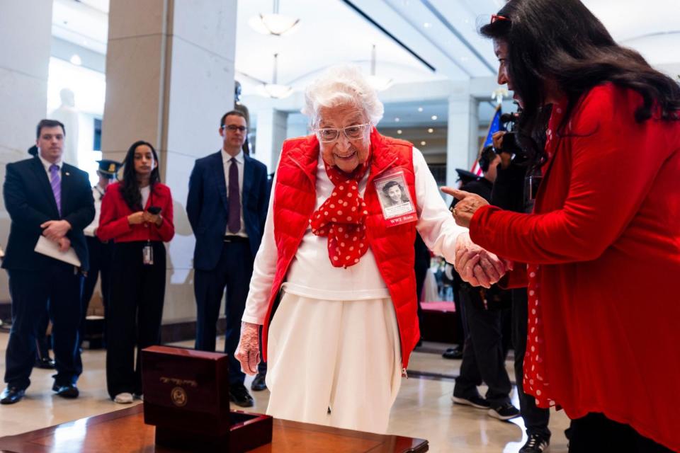 PHOTO: Jeanne Gibson (C), a so-called 'Rosie the Riveter,' prepares for a Congressional Gold Medal ceremony honoring her service, along with twenty-seven other Rosies, in the US Capitol, in Washington, D.C., on April 10, 2024.  (Jim Lo Scalzo/EPA via Shutterstock)