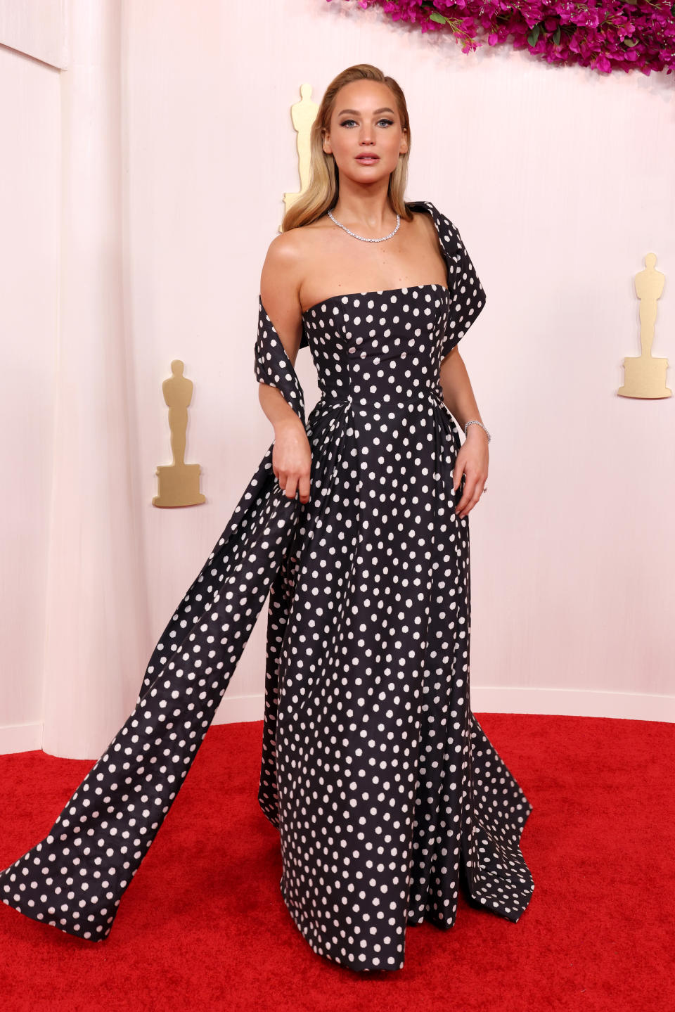 Jennifer Lawrence stunned in a polka-dot number. Photo: Getty
