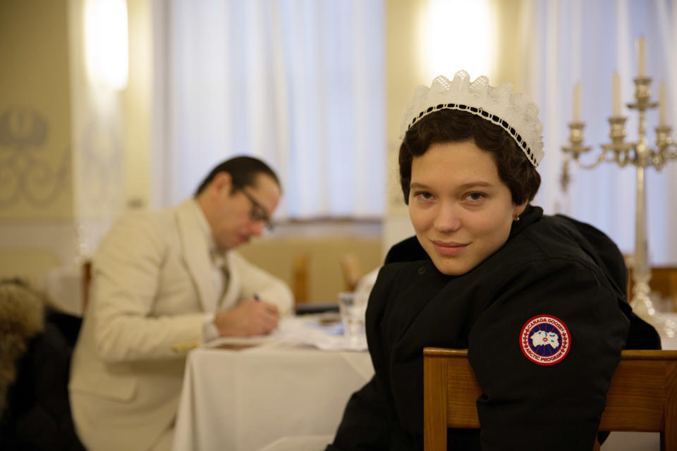 THE GRAND BUDAPEST HOTEL, Lea Seydoux, on set, 2014. ph: Martin Scali/TM and Copyright ©Fox Searchlight Pictures. All rights reserved./courtesy Everett Collection