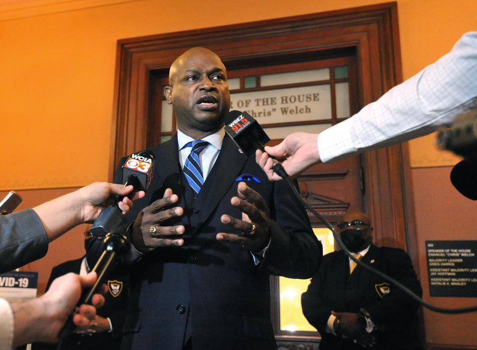 Illinois House Speaker Emmanuel "Chris" Welch talks about the indictment of former Speaker Michael Madigan at the state Capitol in Springfield on Wednesday, March 2, 2022.