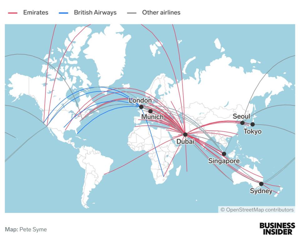 A map showing every airline's A380 routes with Emirates and British Airways highlighted.