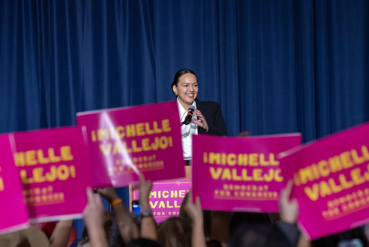 Democratic congressional candidate Michelle Vallejo for TX-15 speaks at a rally with former President Bill Clinton in Edinburg on Nov. 7, 2022.