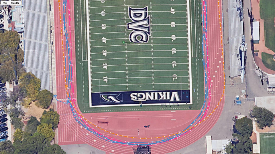 A satellite map of a track, showing the author's location while wearing the COROS PACE 3, Fitbit Charge 6, and Garmin Forerunner 165.