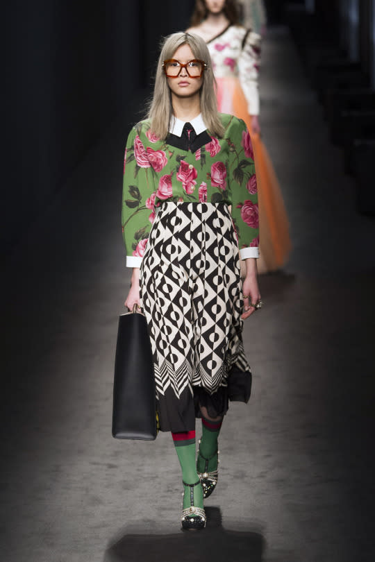 Code #2: Forget minimalism — Maximalists dominate the Gucci runway. Mix and match bold prints as shown here at the Fall/Winter 2016 show.