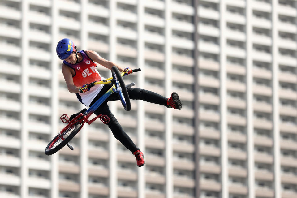 TOKYO, JAPAN - JULY 28: Daniel Dhers of Team Venezuala rides during a training session for the Cycling BMX Freestyle at Ariake Urban Sports Park ahead of the Tokyo Olympic Games on July 28, 2021 in Tokyo, Japan. (Photo by Cameron Spencer/Getty Images)