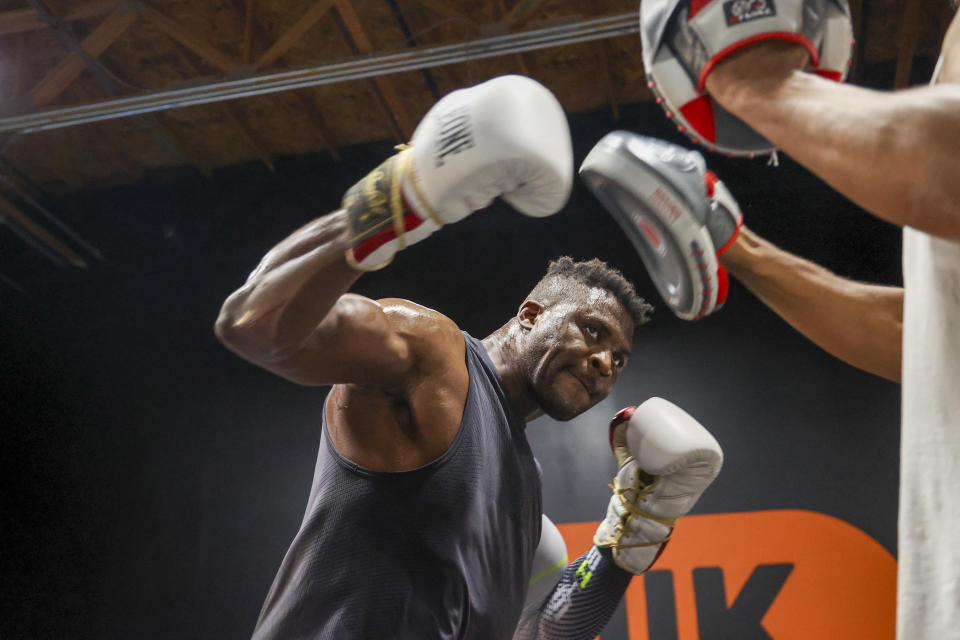 Cameroonian-French mixed martial arts star and boxer Francis Ngannou spars with John Mbumba during a training session at Ngannou’s gym in Las Vegas, Nevada, on September 26, 2023. Mixed martial arts star Francis Ngannou will have heavyweight legend Mike Tyson in his corner when he faces World Boxing Council heavyweight champion Tyson Fury in the boxing ring in Saudi Arabia on October 28. (Photo by Ian Maule / AFP) (Photo by IAN MAULE/AFP via Getty Images)