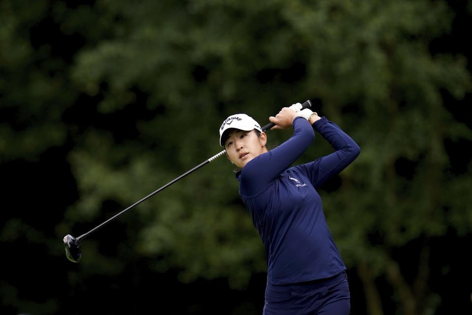 USA's Andrea Lee tees off the 7th during day three of the 2023 AIG Women's Open at Walton Heath, Surrey, England, Saturday, Aug. 12, 2023. (John Walton/PA via AP)