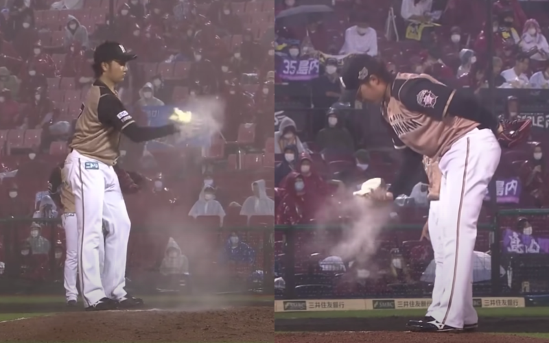 日本投手伊藤大海投球時慣用大量止滑粉。（翻攝自太平洋聯盟TV YouTube）