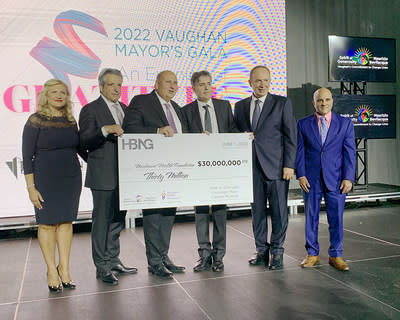 Photo: HBNG partners Claudio Memme, Giuseppe Maio and John A. D'Angelo (left to right) flanked by MHF Board Chair Rina Pillitteri, Vaughan Mayor Maurizio Bevilacqua and MH President and CEO Altaf Stationwala. (CNW Group/HBNG Holborn Group)
