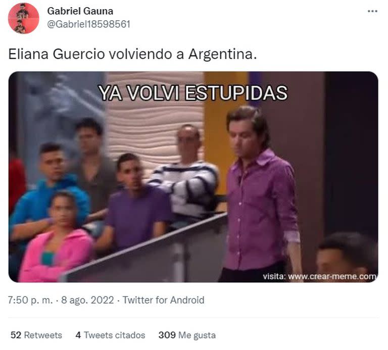 Meme de la llegada de Eliana Guercio al país