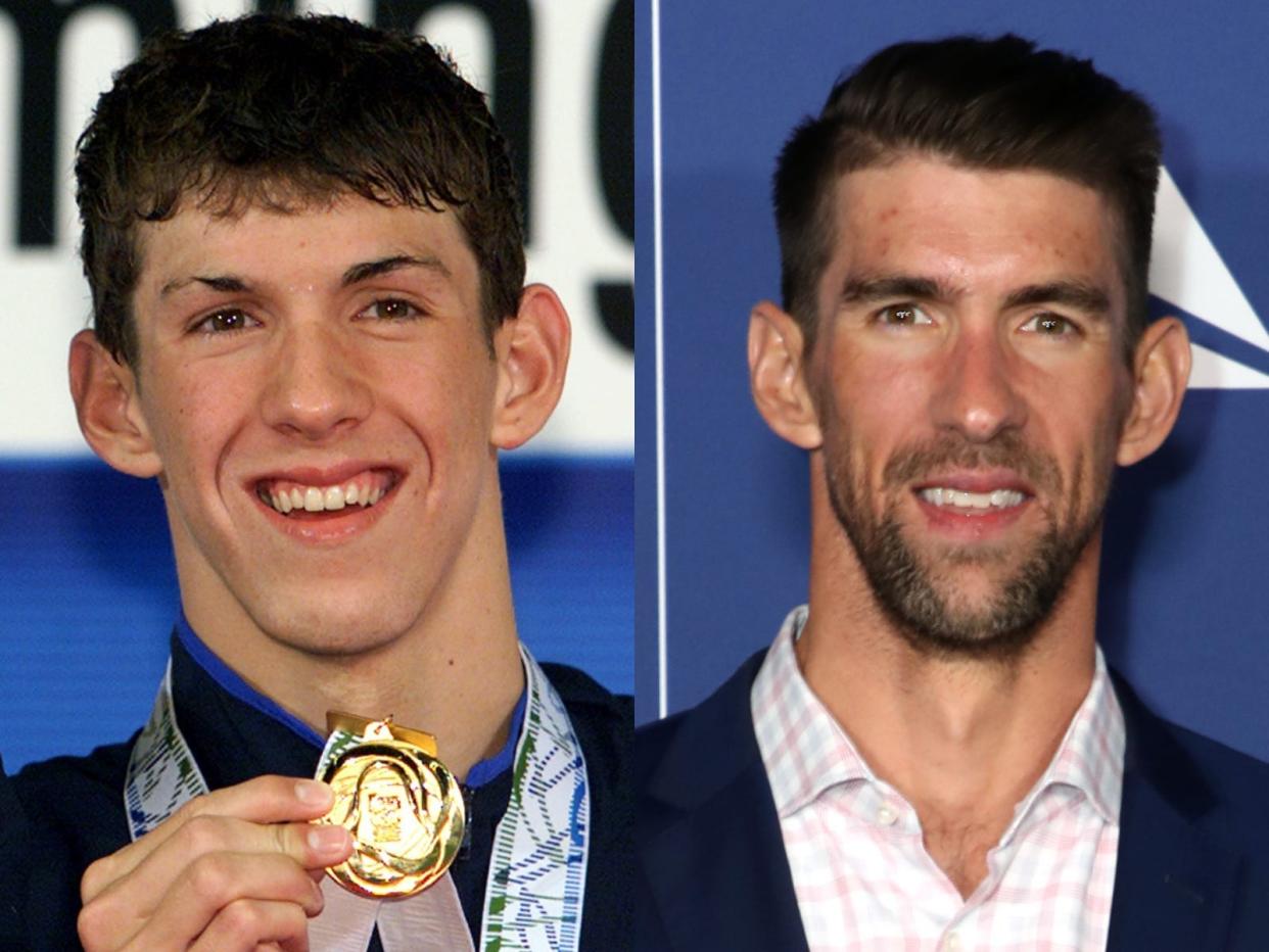 A young michael phelps holding up his medal on the left with an adult phelps in a suit on the right