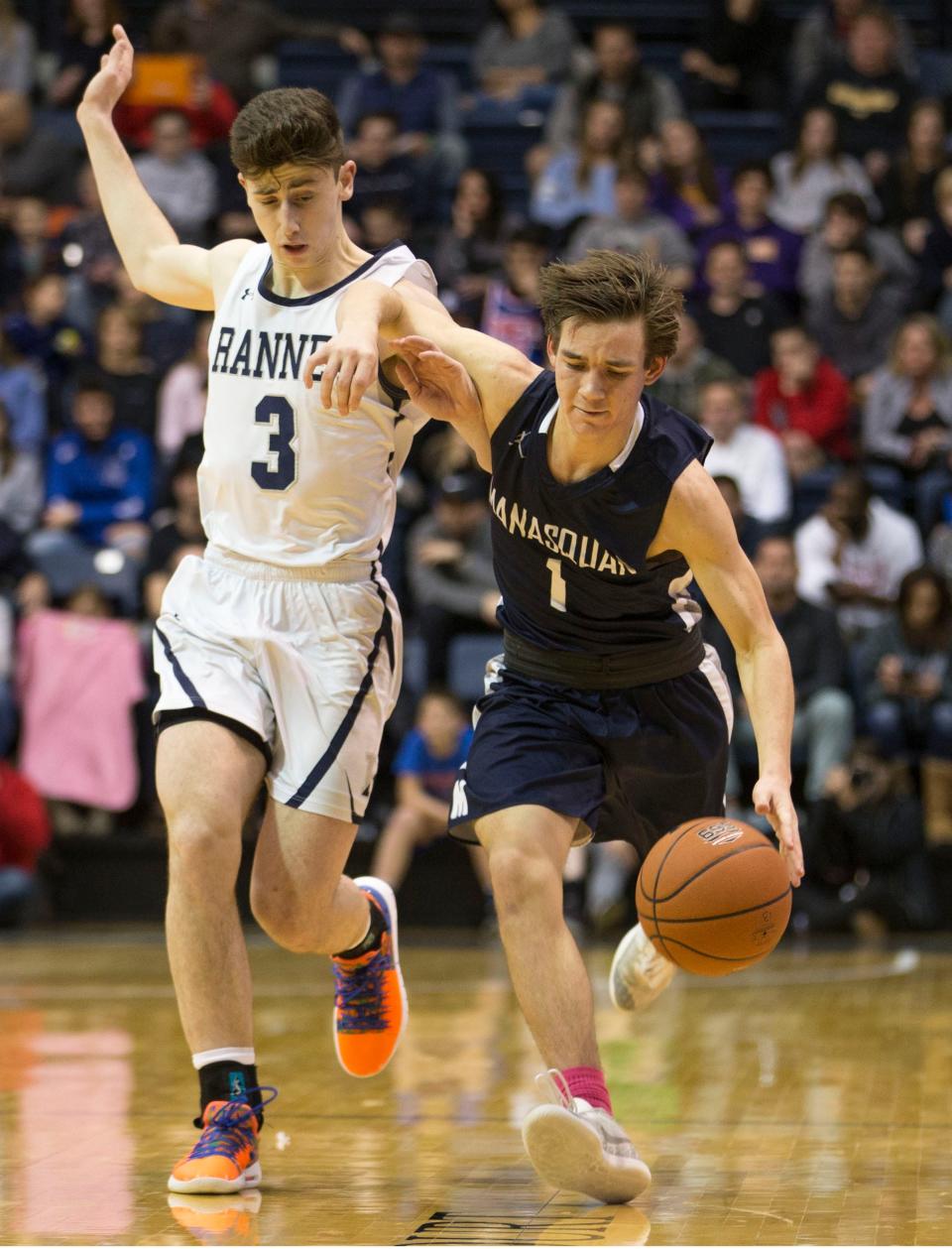 Ranney School defeats Manasquan in the 2019 Shore Conference Tournament final held at Monmouth University. Ranney's Alex Klatsky and Manaquan's Kieran Flanagan battle for the ball in the second half.West Long Branch, NJSaturday, February 23, 2019