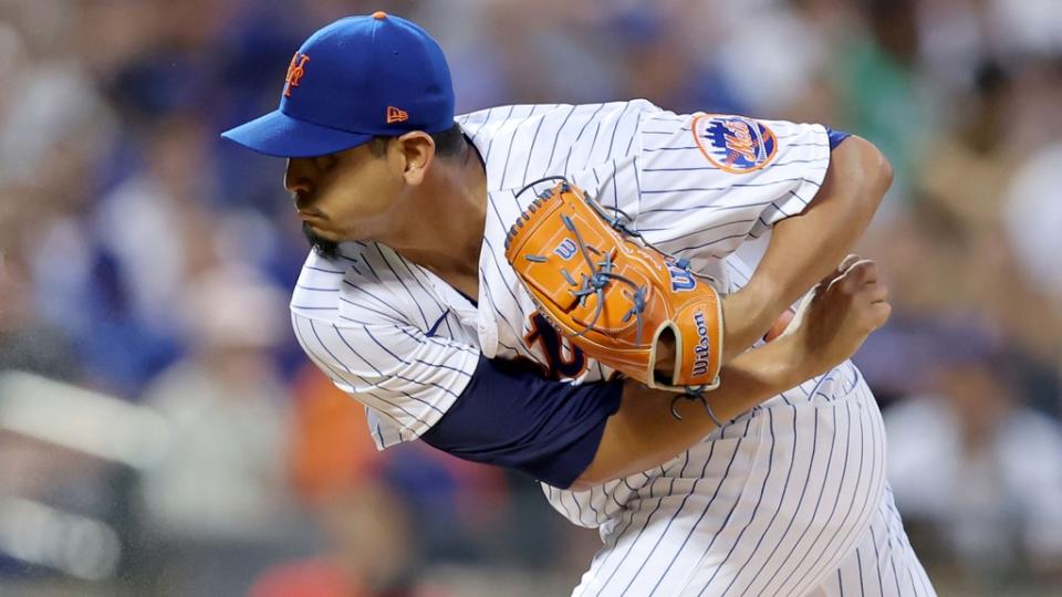 Aug 9, 2022;  New York City, New York, USA;  New York Mets starting pitcher Carlos Carrasco (59) follows through on a pitch against the Cincinnati Reds during the first inning at Citi Field.