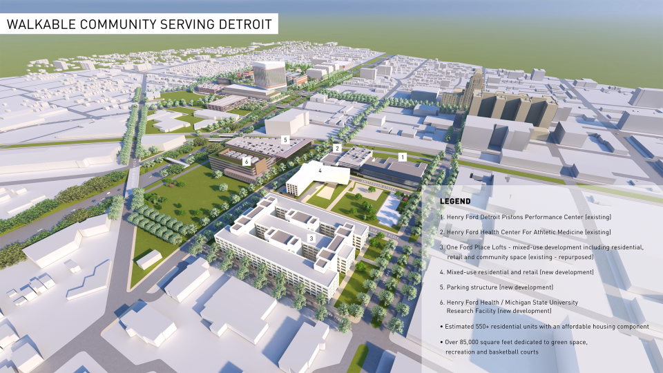 A map of the proposed Henry Ford Hospital expansion and new housing developments being planned by the Pistons organization.