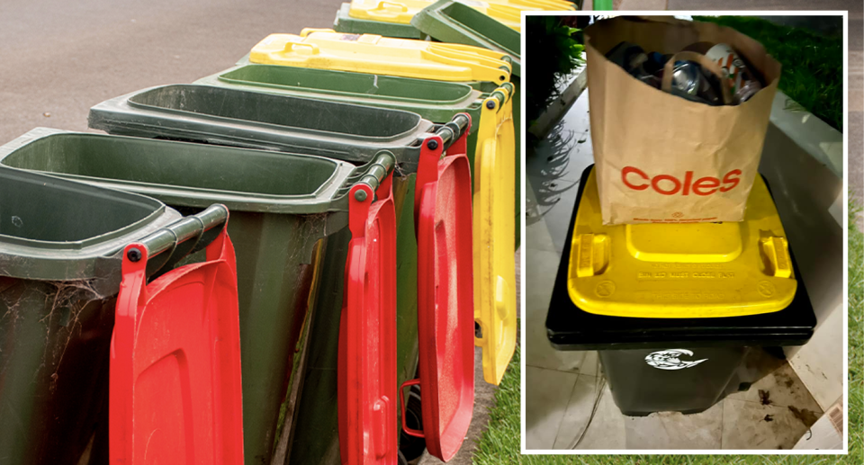 A generic images of a set of bins is seen, behind an inset of a bag of bottles on top of a yellow bin that one woman said she left out of dumpster divers. 