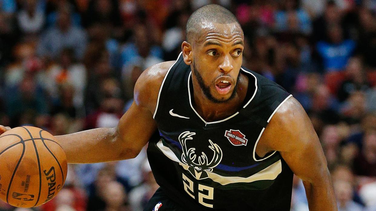 MIAMI, FLORIDA - MARCH 02:  Khris Middleton #22 of the Milwaukee Bucks in action against the Miami Heat during the second half at American Airlines Arena on March 02, 2020 in Miami, Florida.