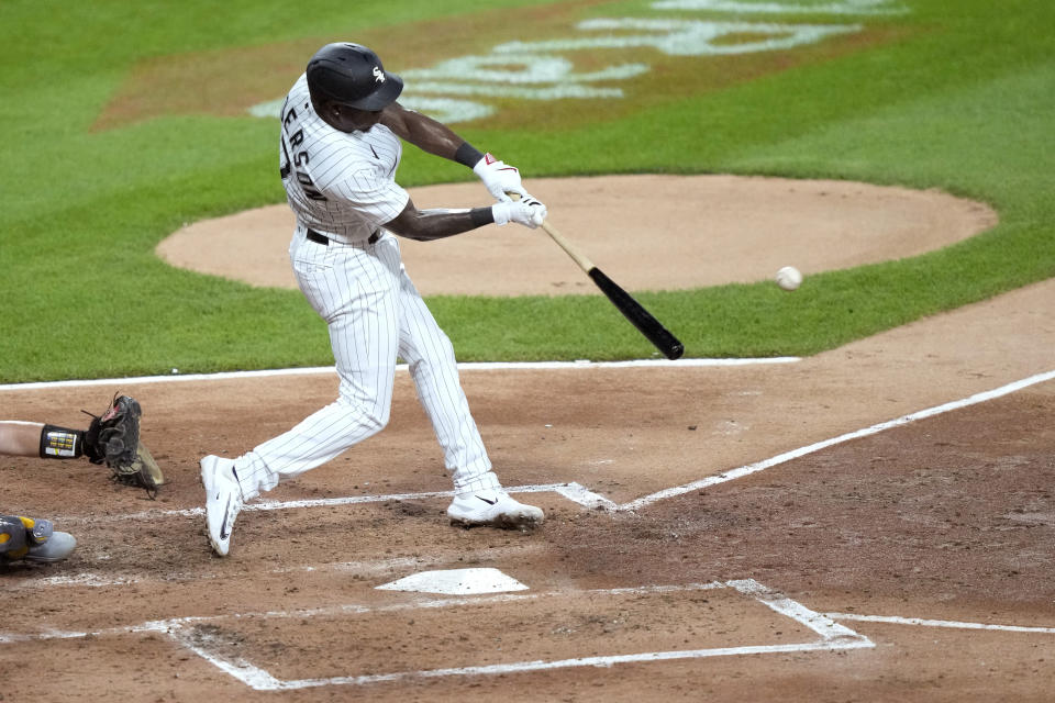 Chicago White Sox's Tim Anderson hits a double off Oakland Athletics starting pitcher Ken Waldichuk during the third inning of a baseball game Thursday, Aug. 24, 2023, in Chicago. (AP Photo/Charles Rex Arbogast)